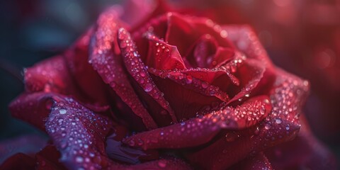 A beautiful closeup shot captures the details of a vibrant red rose covered in dew drops, highlighting its texture and color. Perfect for projects related to romance, nature, and flowers