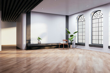 An empty room with large arched windows, a wooden chair, a small plant, and a hardwood floor, symbolizing a modern interior space. 3D Rendering