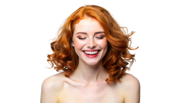 A close-up portrait of a red haired woman with beautiful skin and hair