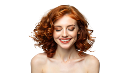 A close-up portrait of a red haired woman with beautiful skin and hair