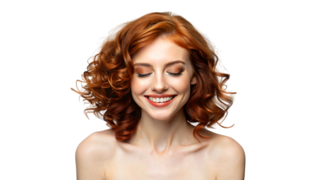 A close-up portrait of a red haired woman with beautiful skin and hair