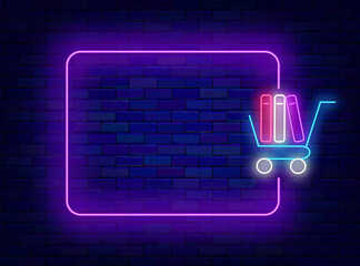 Stationery store neon poster. Book fair. Back to school. Special offer invitation. Shiny greeting card. Empty purple frame and shopping cart with books. Glowing banner. Vector stock illustration