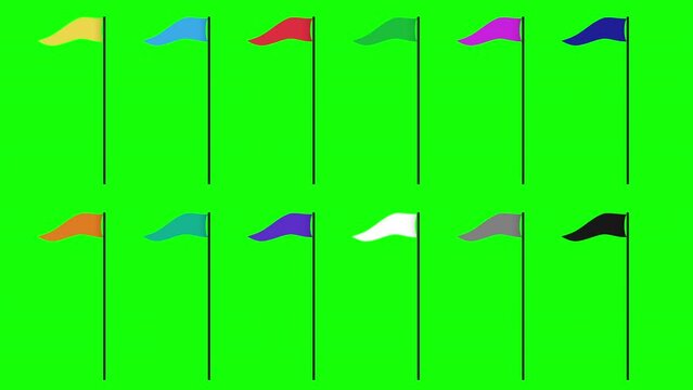 Colorful Triangle Flags Waving Illustration Set seamless loop isolated icon animation with transparency Green Screen and Luma Matte (black and white mask)