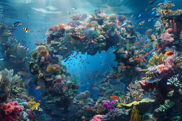 Naklejka premium An underwater scene with an Omega-shaped coral reef teeming generated by AI