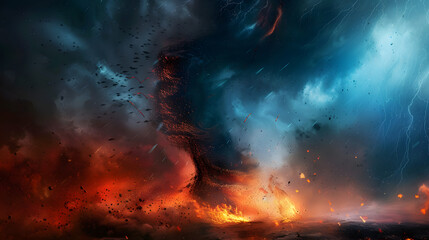 Storm, fire tornado in stormy gloomy weather. AI Generated