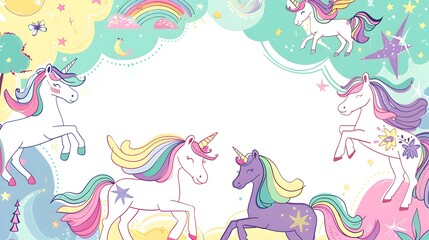 Obraz premium Majestic Unicorns in Enchanted Forest with Whimsical Floral Border and Playful Decorative Elements