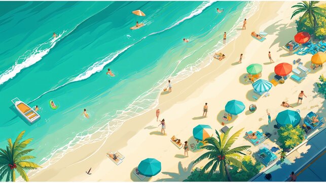 Top view of a crowded summer beach filled with people on the shore and swimmers in the sea.