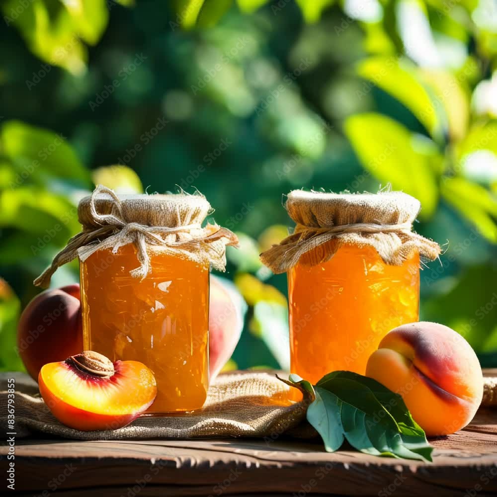 Poster two jars of peach jam are on a table with a peach and a leaf. the jars are tied with string and the 