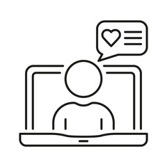 Online Chat Line Icon. Comment, Feedback, Message Sign. Laptop With Man And Speech Bubble Linear Pictogram. Dialog Outline Symbol. Editable Stroke. Isolated Vector Illustration