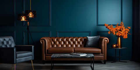 modern living room with sofa, A dark green wall background with leather sofa and accessories in the living room
