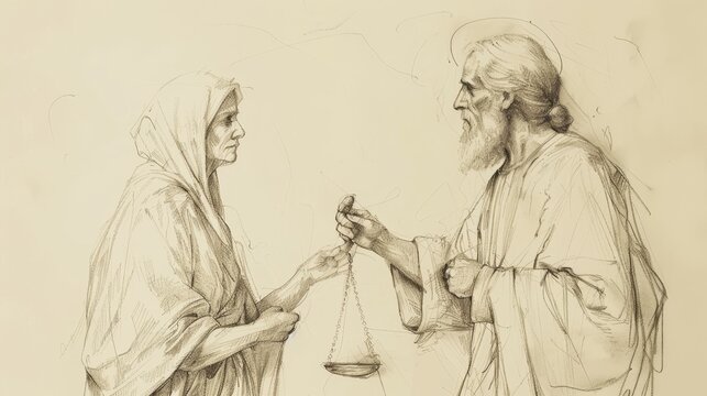 Visual of Unjust Judge Parable: Widow Persistently Seeking Justice, Beige Background, Biblical Illustration, Copyspace