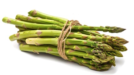 Fresh bundle of green asparagus spears isolated on a white background. Ideal for cooking or food blogs. Perfect for healthy eating visuals. Vibrant and crisp imagery. AI