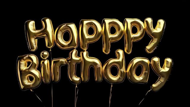 A bunch of balloons with the words Happy Birthday written on them. The balloons are gold and are arranged in a way that they spell out the message. Concept of celebration and joy
