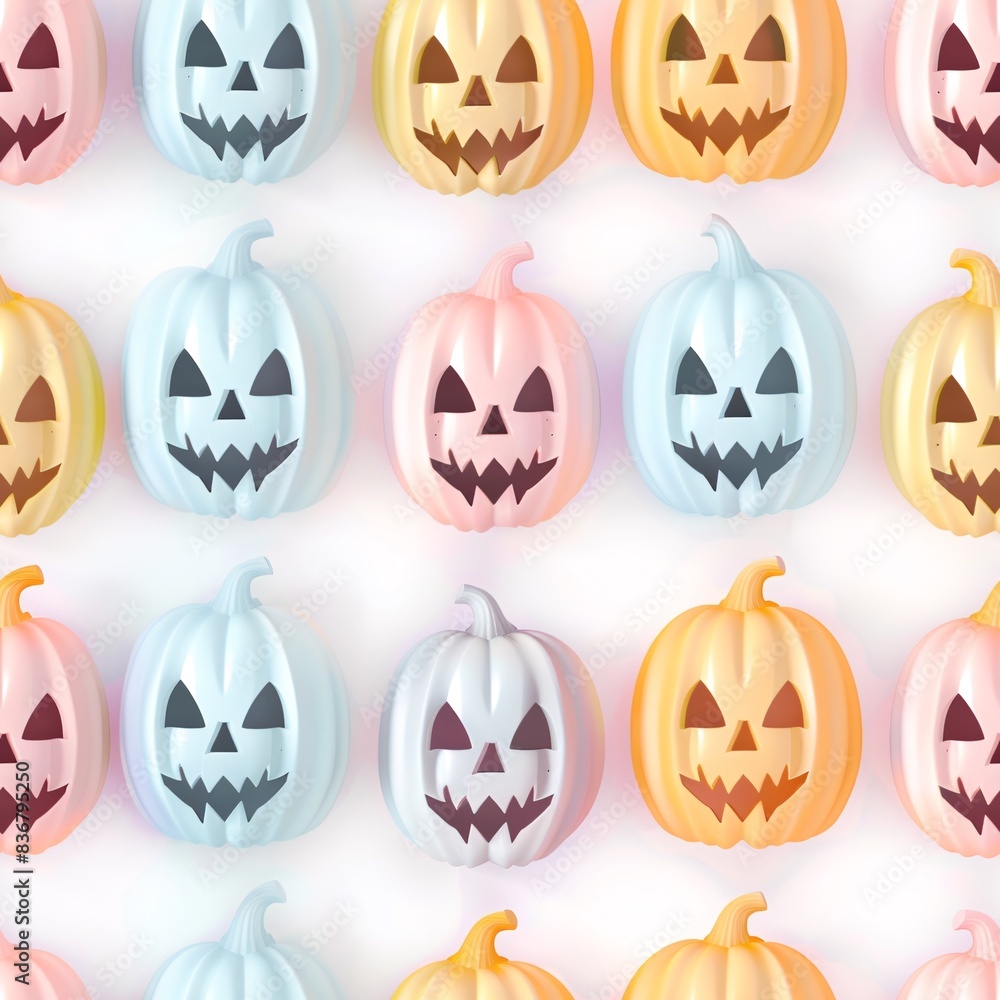 Poster a seamless pattern displaying pastel halloween pumpkins in a three-dimensional arrangement, perfectl