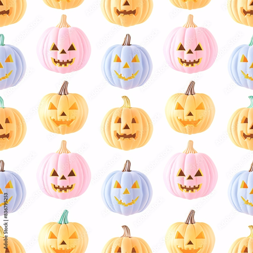 Poster a seamless pattern featuring three-dimensional pastel halloween pumpkins arranged in neat rows on a 