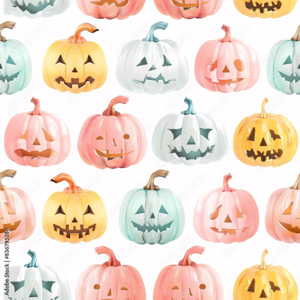 Poster a seamless pattern featuring three-dimensional pastel halloween pumpkins arranged in neat rows on a 