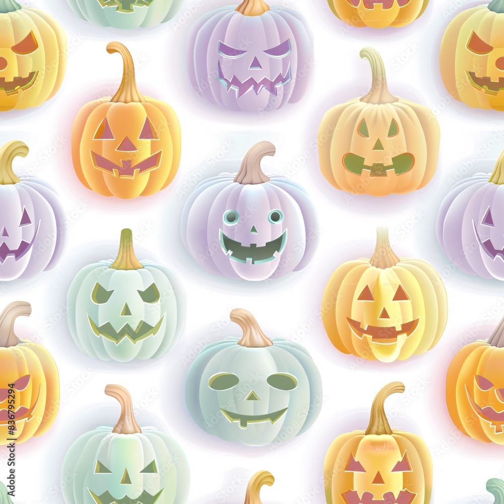 Poster a seamless pattern with pastel-colored halloween pumpkins in a three-dimensional design, evenly spac