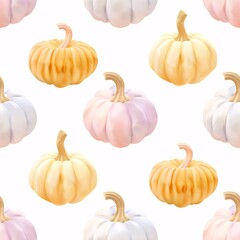 A seamless pattern featuring three-dimensional pastel Halloween pumpkins arranged in neat rows on a flat white background