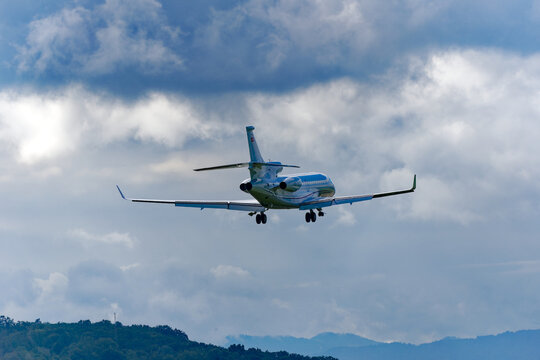 Private jet Dassault Falcon 7X HB-JSS landing at Swiss airport Z&uuml;rich Kloten on a cloudy spring morning. Photo taken May 28th, 2024, Kloten, Switzerland.

