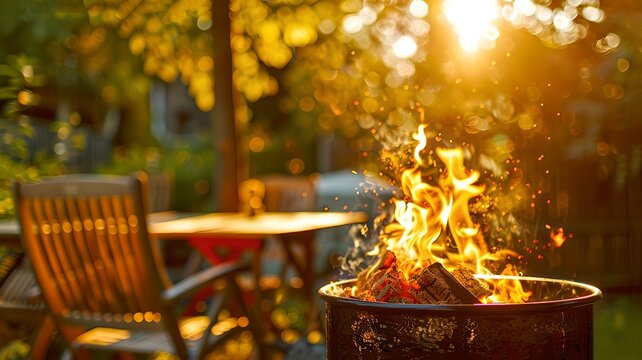 Warm outdoor fire pit in a cozy backyard. Autumn evening scene with chairs and table. Perfect for relaxation and gatherings. Generated with AI.
