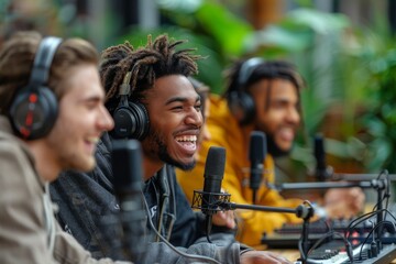 Diverse group of friends recording podcast together