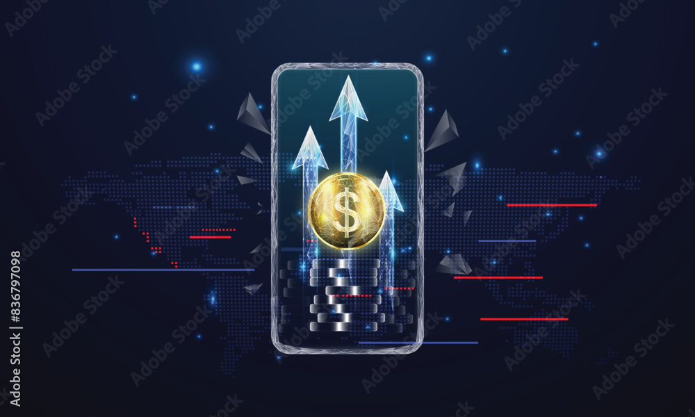 Poster abstract digital mobile cellphone with golden dollar coin, coin stack and arrow up on smarthone scre