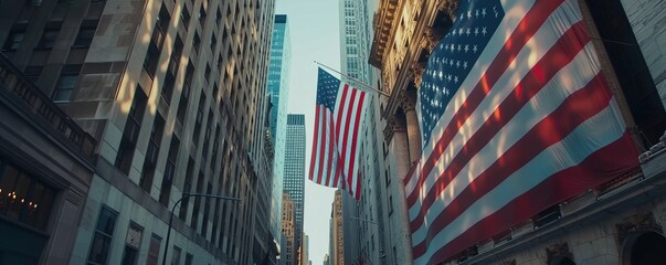 A close-up of a large banner with the United States flag design stretched across a city street, with skyscrapers in the background.