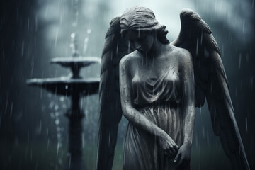 Fototapeta premium Angel Statue Holding Flower in Rainy Cemetery