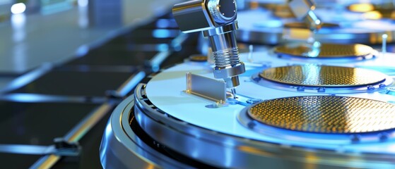 Close-up of advanced semiconductor manufacturing process in a modern cleanroom facility with robotic automation equipment.