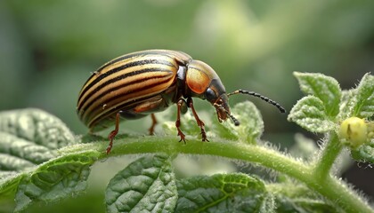 Fototapeta premium Symbol, Kartoffelkäfer auf einer Kartoffelpflanze, Nahaufnahme, Leptinotarsa decemlineata, KI generiert