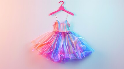 Cute color ballet girl dress on a hanger on bright background. Ballerina dress on a hanger, elegant and detailed psychedelic
