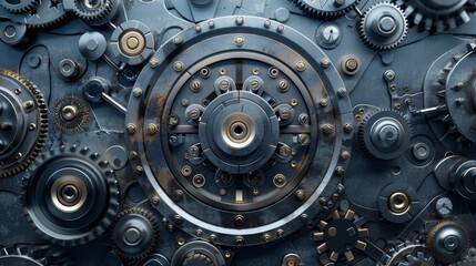 Intricate close-up of mechanical gears and cogs, showcasing the complexity and precision of engineering machinery.