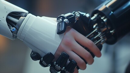 AI generated illustration of a person shaking hands with a robot