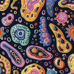 Pattern of colourful paisley designs, filled in different colours and surrounded tiny dots on a black background, vibrant hues eye-catching effect 