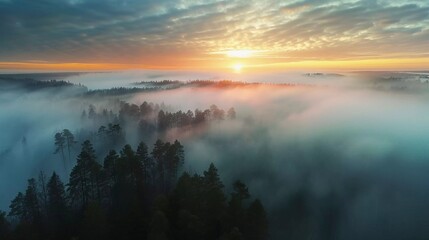 Beautiful drone panoramic photo of a very foggy sunrise over a forest, landscape in Northern Sweden