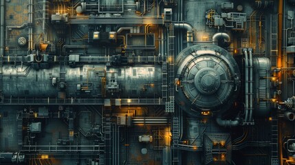 Aerial view of a futuristic industrial complex with intricate pipes and machinery, glowing with warm lights, showcasing engineering excellence.