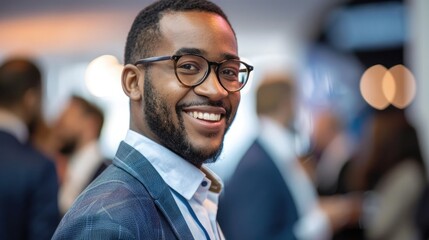 Fototapeta premium Businessman with a friendly and engaging smile, networking at an event