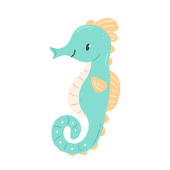 Sea horse in a cute cartoon style isolated on white. Vector illustration with a smiling sea horse.