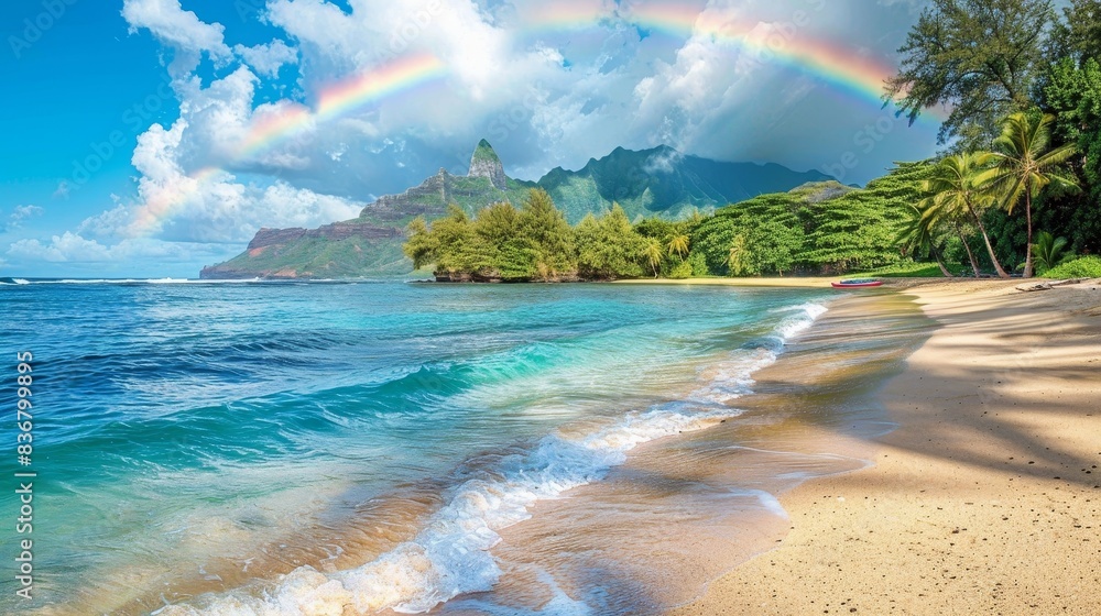 Poster Tropical Paradise Rainbow Over Secluded Beach