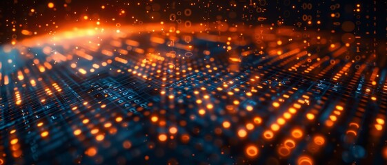 Obraz premium Abstract view of a futuristic digital data network with glowing orange and blue lights, representing cyber security and technology.