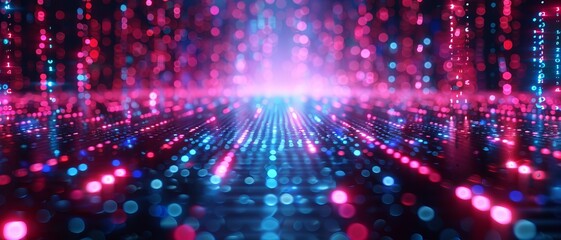 Obraz premium Abstract cyber network with vibrant neon pink and blue lights, illustrating futuristic digital technology and data connectivity. 