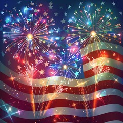 AI-generated colorful fireworks on a background of the American flag. Independence Day celebration theme.