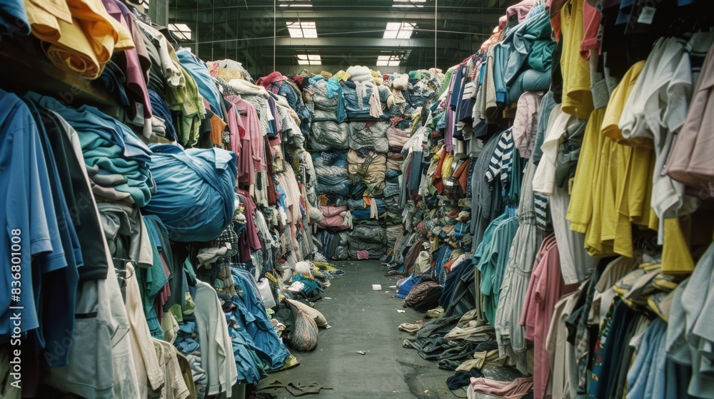 Wall mural warehouse filled with stacks of second-hand clothes.