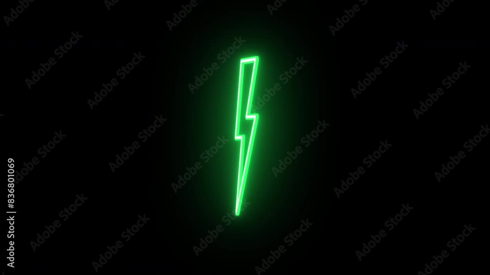Poster neon thunderbolt sign animation, rotation around vertical axis. glowing neon 3d lightning icon, loop
