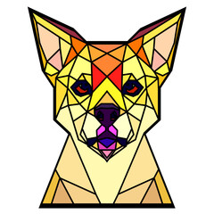 Dog head in a geometric style, black border, colored lines, polygon and triangle shapes. Vector art, sots art, low poly, cubo-futurism, sticker, cartoon avatar, animal logo surreal design, hologram
