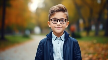 Fototapeta premium Boy with glasses and blue jacket smiling in a park with autumn colors.