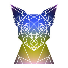 Stylized dog head a geometric style of triangles and different gradient colors with a white background, white lines. Vector art, sots art, low poly, cubo-futurism, sticker, cartoon avatar, animal logo