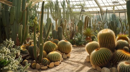 Fototapeta premium Variety of cacti and succulents in a greenhouse.