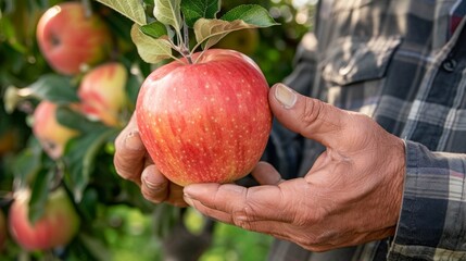 Apples of the Month Ambrosia. Farmer holding a ripe apple in orchard.