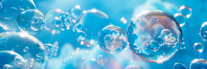 A serene blue background with detergent foam bubbles floating lazily, surrounded by soft, wispy soap suds.